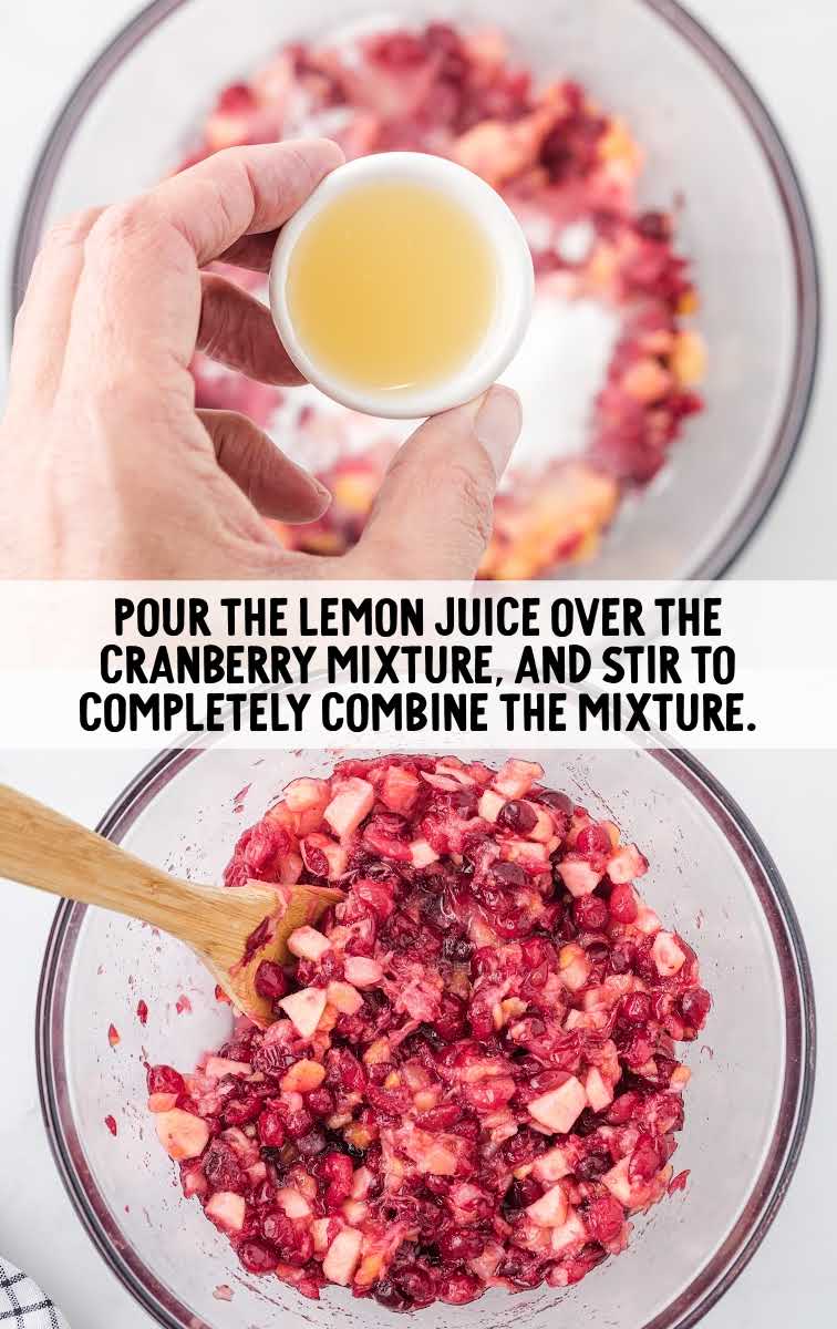 Cranberry Salad process shot of lemon juice in a small cup over a bowl of Cranberry Salad ingredients