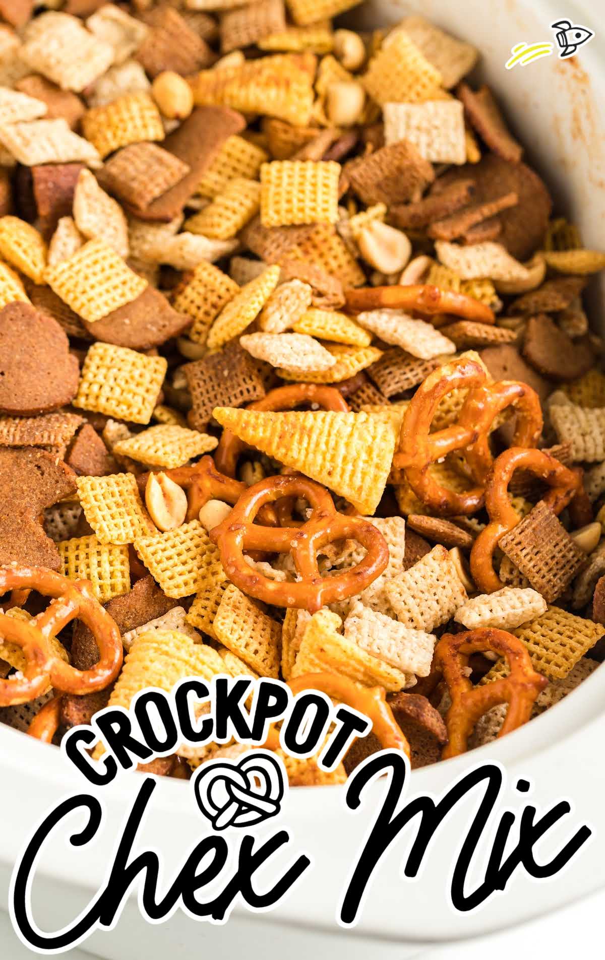 close up shot of Crockpot Chex Mix in a crockpot