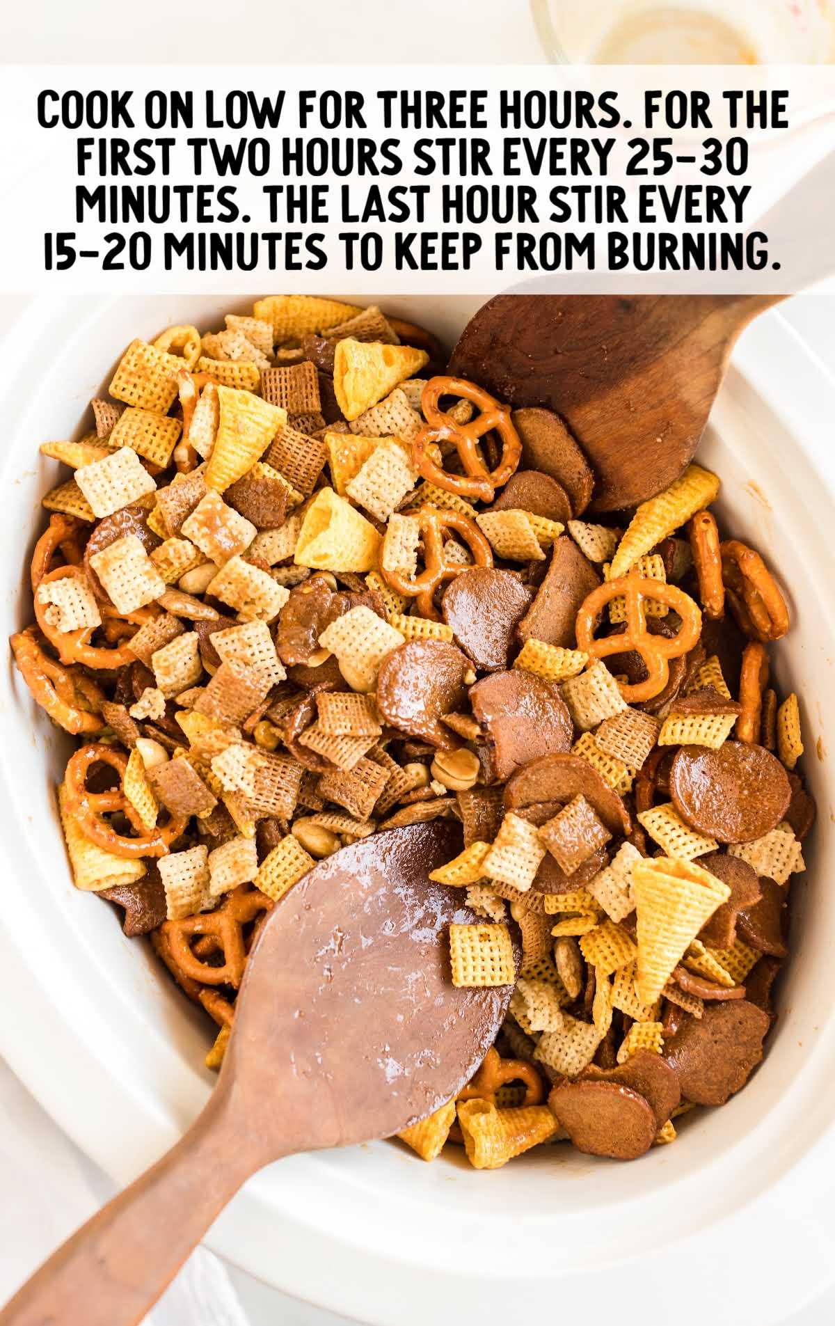 Crockpot Chex Mix cooked in a crockpot
