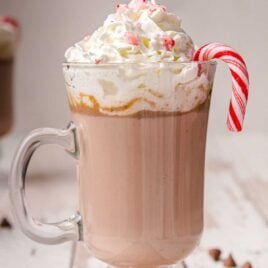 a glass of hot chocolate topped with whipped cream and candy cane bits served with a candy cane