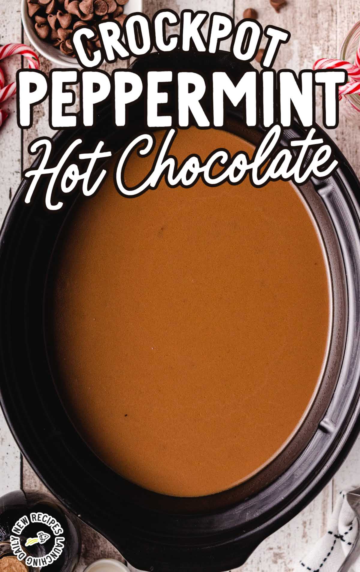 close up overhead shot of a crockpot of Peppermint Hot Chocolate