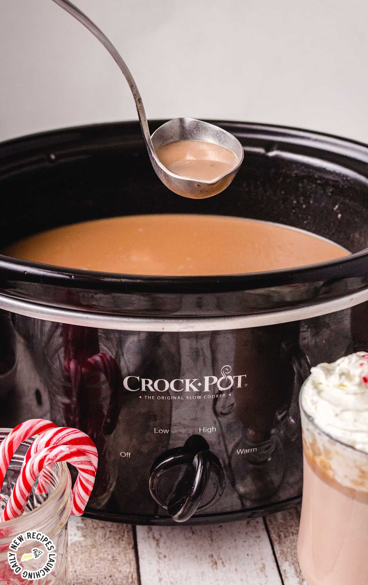 close up shot of a crockpot of Peppermint Hot Chocolate 