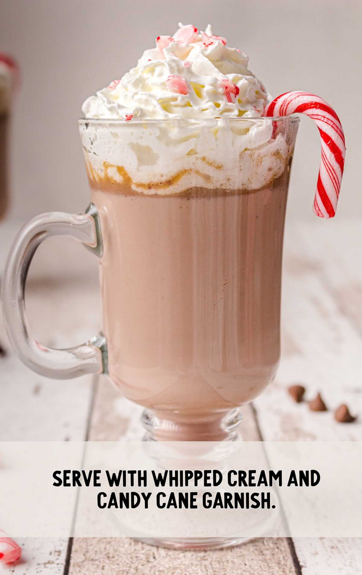 hot chocolate topped with whipped cream and candy cane bits served with a candy cane 