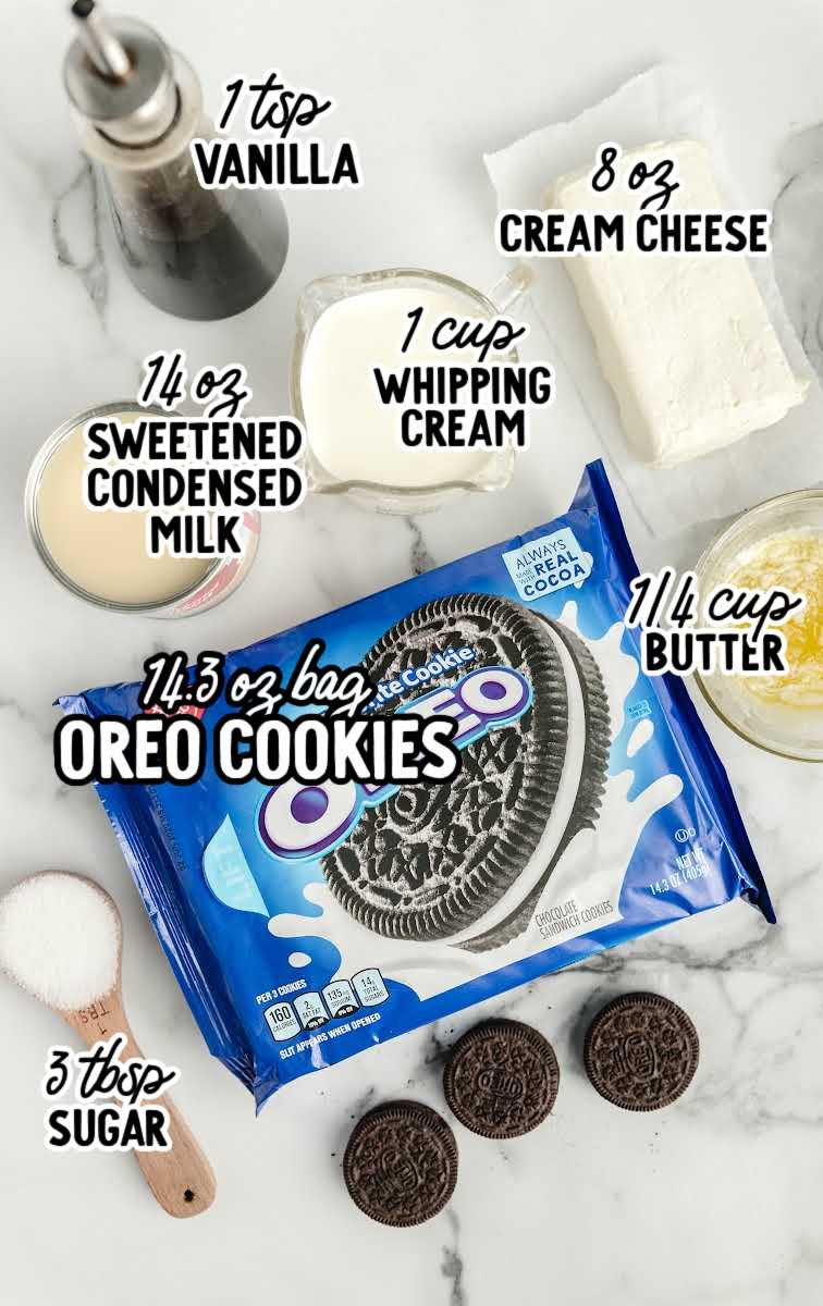 Easy Frozen Oreo Dessert raw ingredients that are labeled