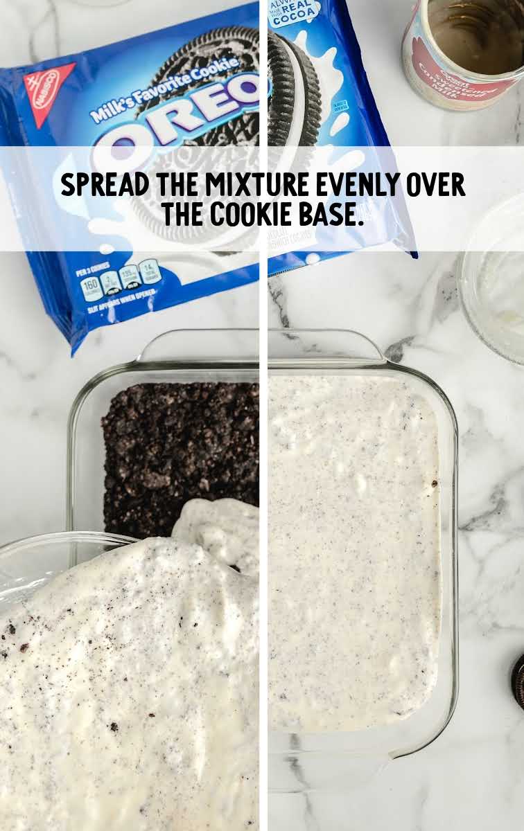 Easy Frozen Oreo Dessert process shot of mixture being spread over the cookie base in the pan