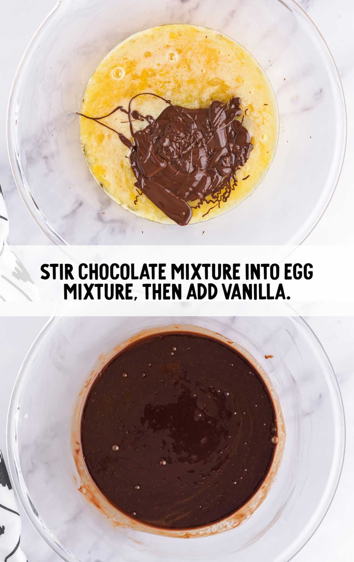 chocolate mixture stirred into the egg mixture and vanilla added and stirred