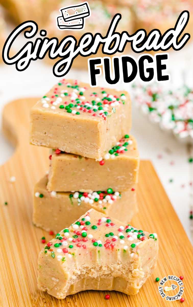 close up shot of Gingerbread Fudge with sprinkles stacked on top of each other on a wooden board