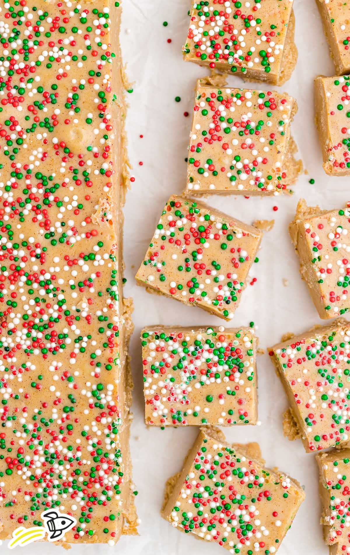 close up overhead shot of Gingerbread Fudge with sprinkles