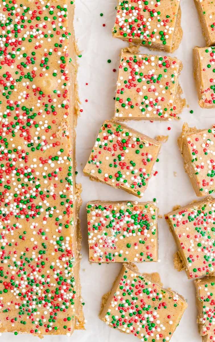 close up overhead shot of Gingerbread Fudge with sprinkles