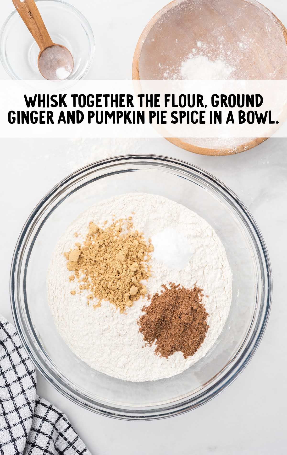 flour, ground ginger, and pumpkin pie spice in a bowl