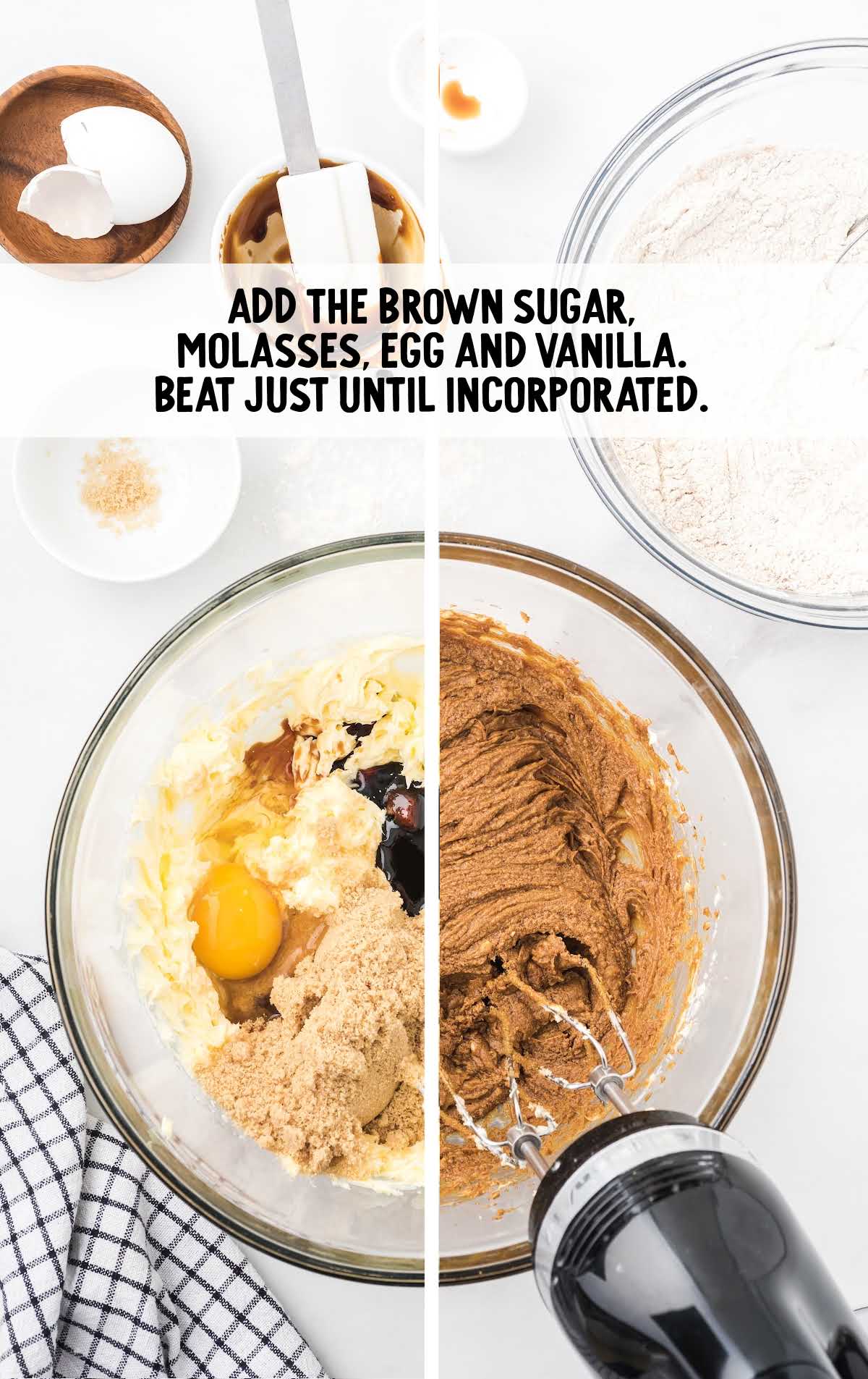 brown sugar, molasses, egg, and vanilla being blended together in a bowl