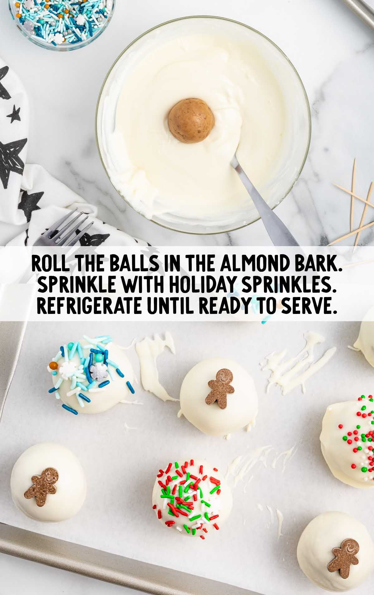 balls dipped into almond bard and sprinkled with holiday sprinkles