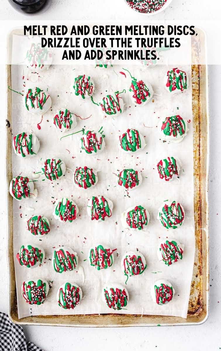 red and green disc drizzled over the truffles and sprinkle the sprinkles 