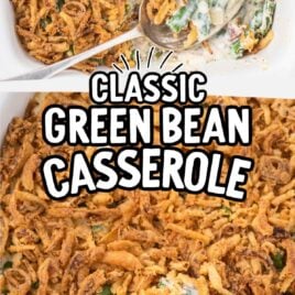 close up shot of Green Bean Casserole in a baking dish with a spoon