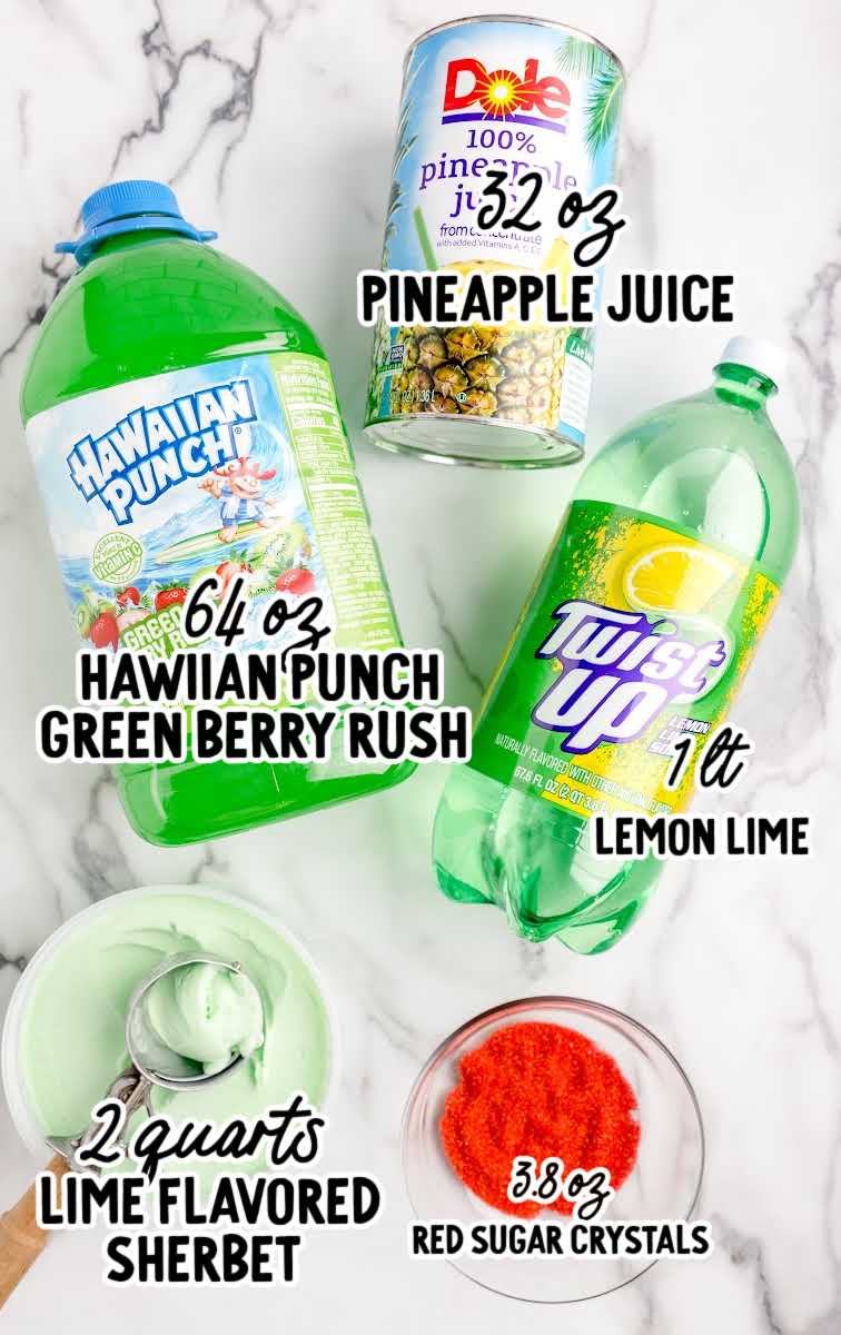 Grinch Punch raw ingredients that are labeled