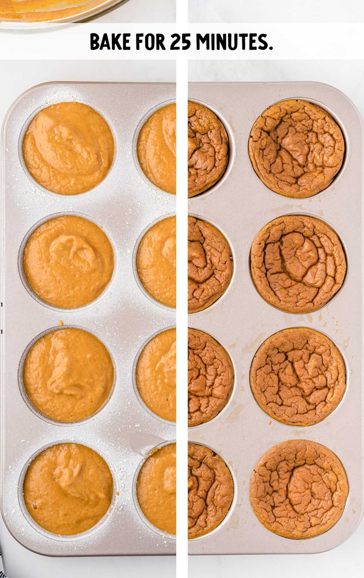impossible pumpkin pie cupcakes process shot of before and after cupcakes are baked in a baking dish