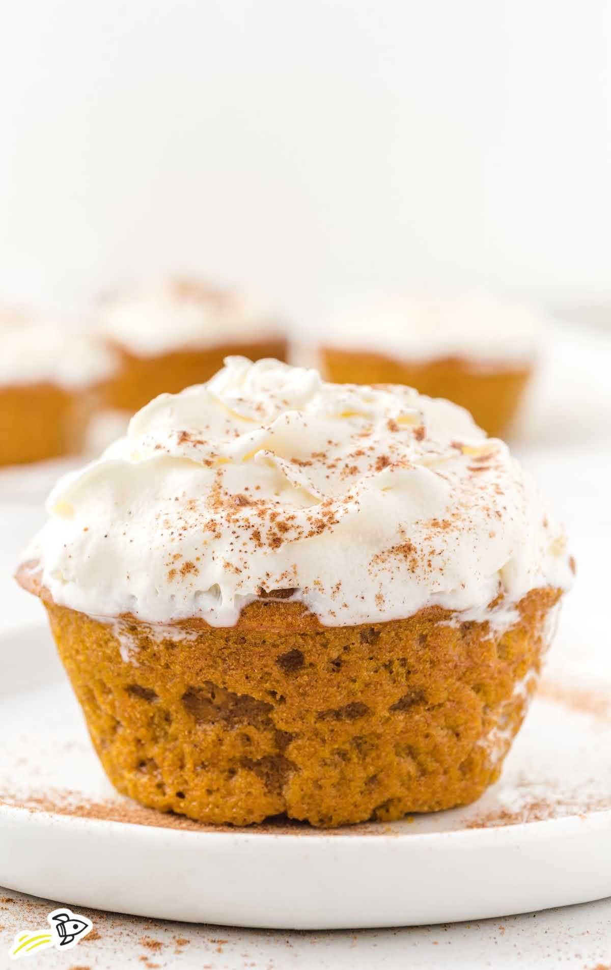 Pumpkin pie cupcake topped with whipped cream and sprinkled with cinnamon on a white plate.