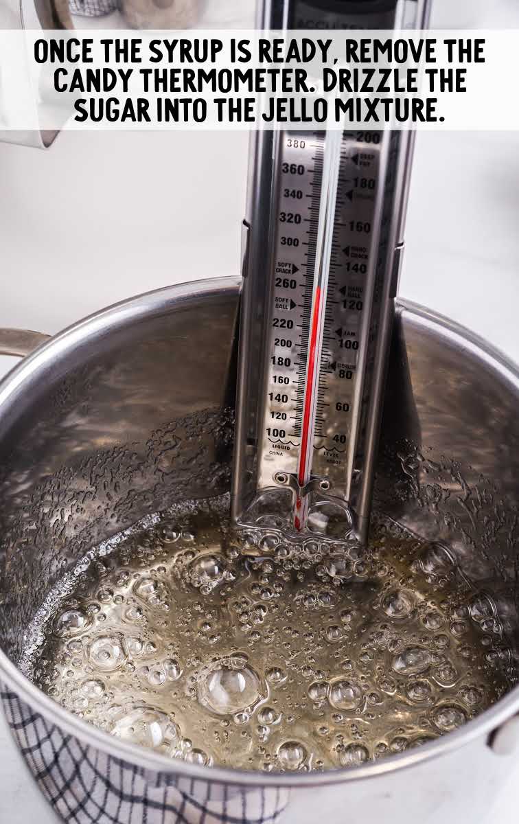 syrup in a pan with a thermometer