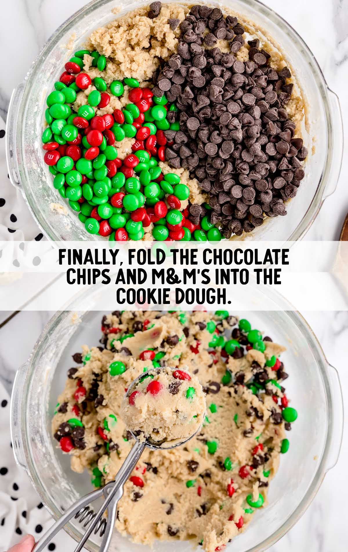 chocolate chips and m&ms folded into the cookie dough