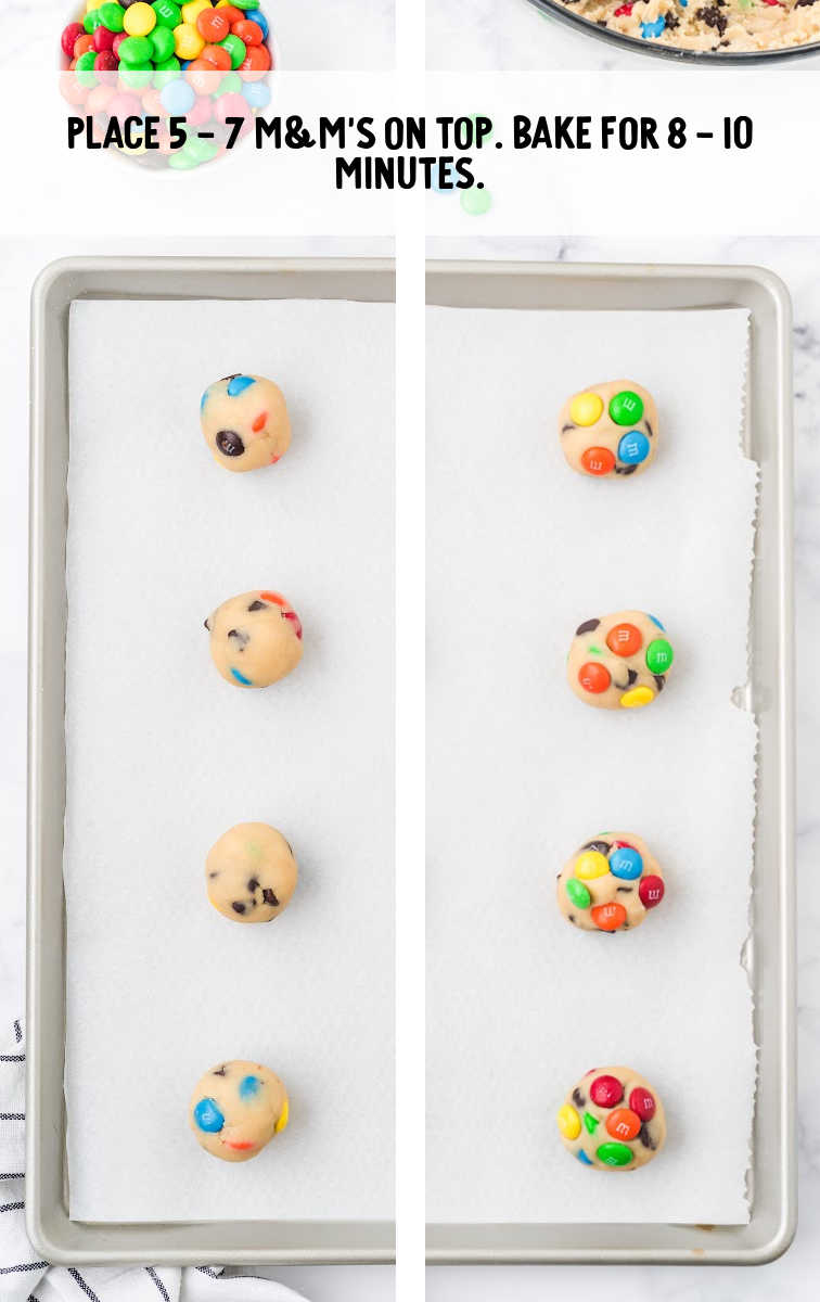 m&m cookies process shot of cookie dough scoops on a baking sheet