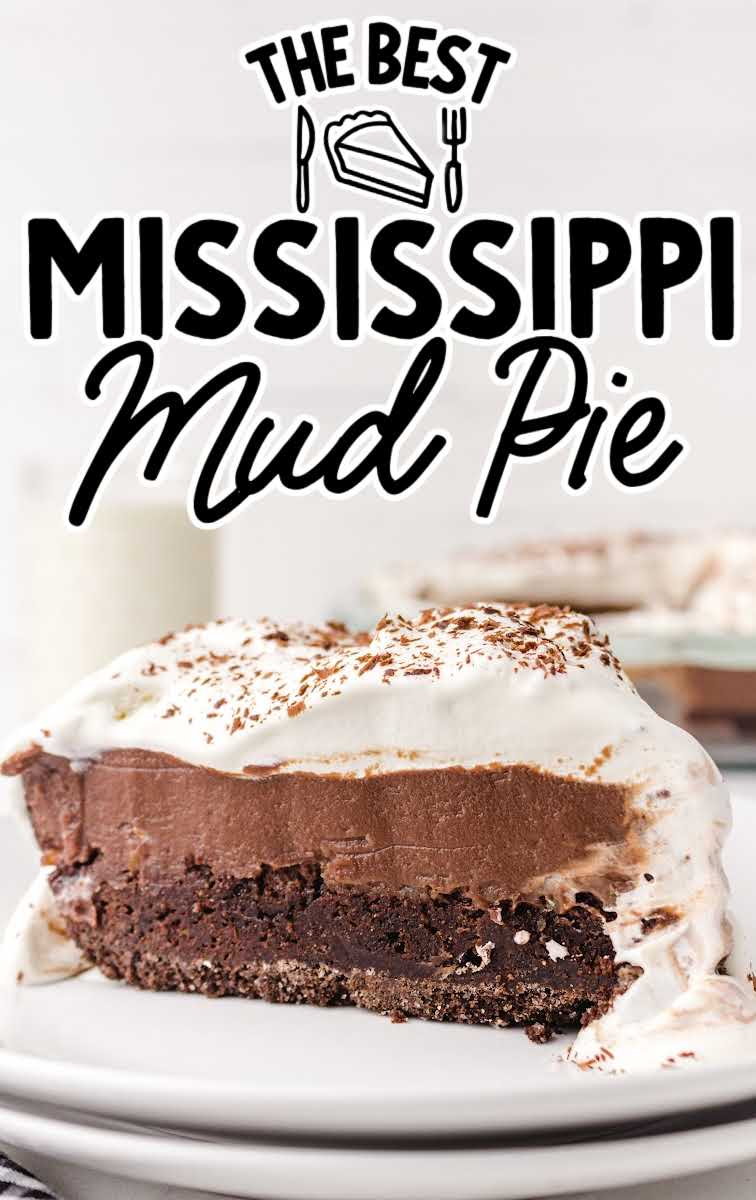 close up shot of a slice of Mississippi Mud Pie garnished with chocolate shavings on a plate