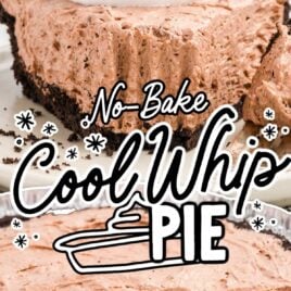 close up shot of a whole cool whip pie and a slice of cool whip pie on a plate topped with whipped cream