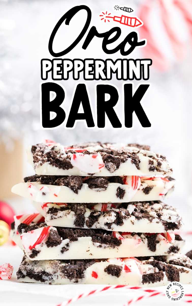 close up shot of Oreo Peppermint Bark stacked on top of each other