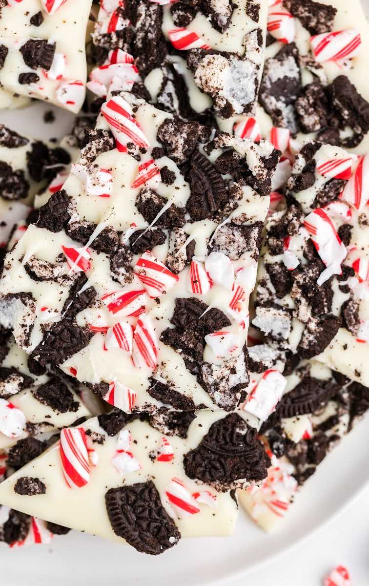 close up overhead shot of Oreo Peppermint Bark on a plate