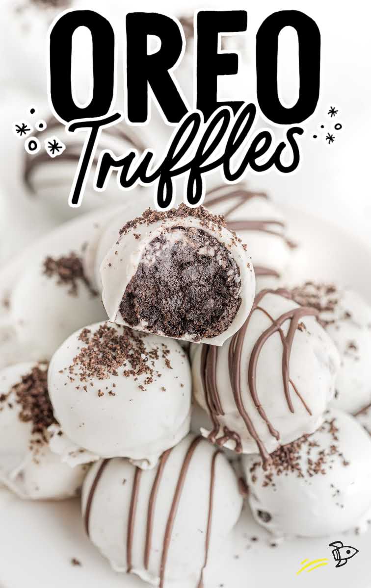close up shot of Oreo Truffles garnished with oreo crumbles or melted chocolate on a plate