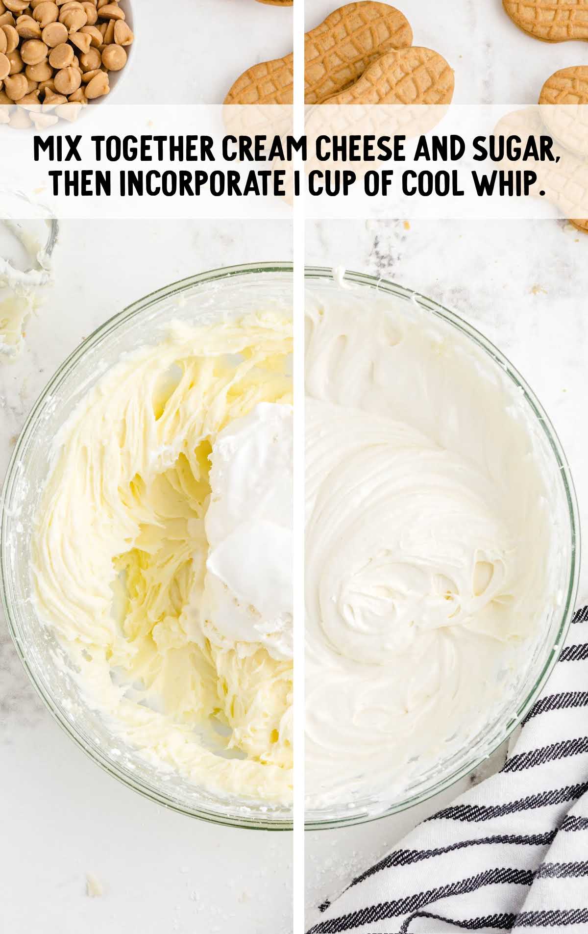 cream cheese, sugar, and cool whip being whisked together in a bowl