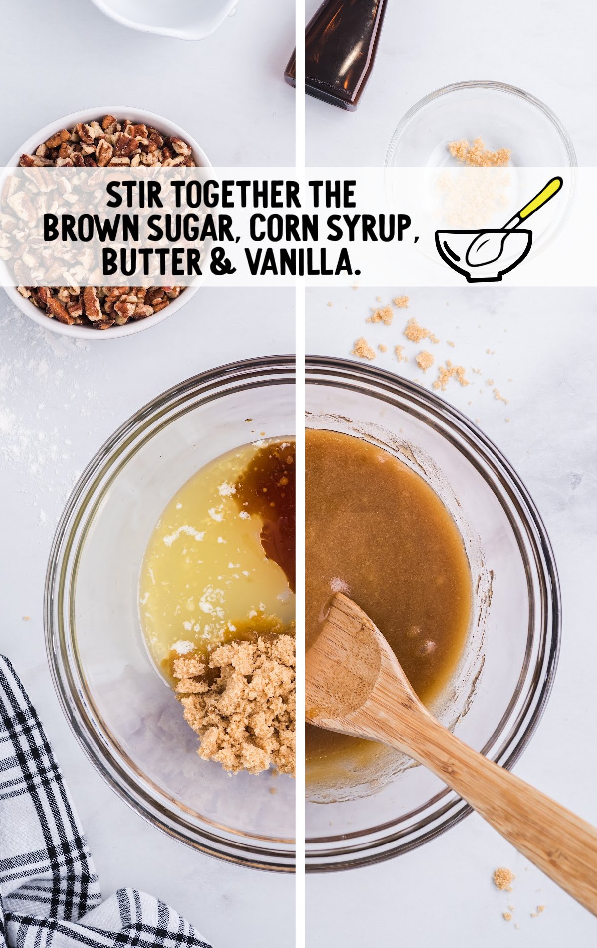 The brown sugar, corn syrup, vanilla, and butter are mixed together.