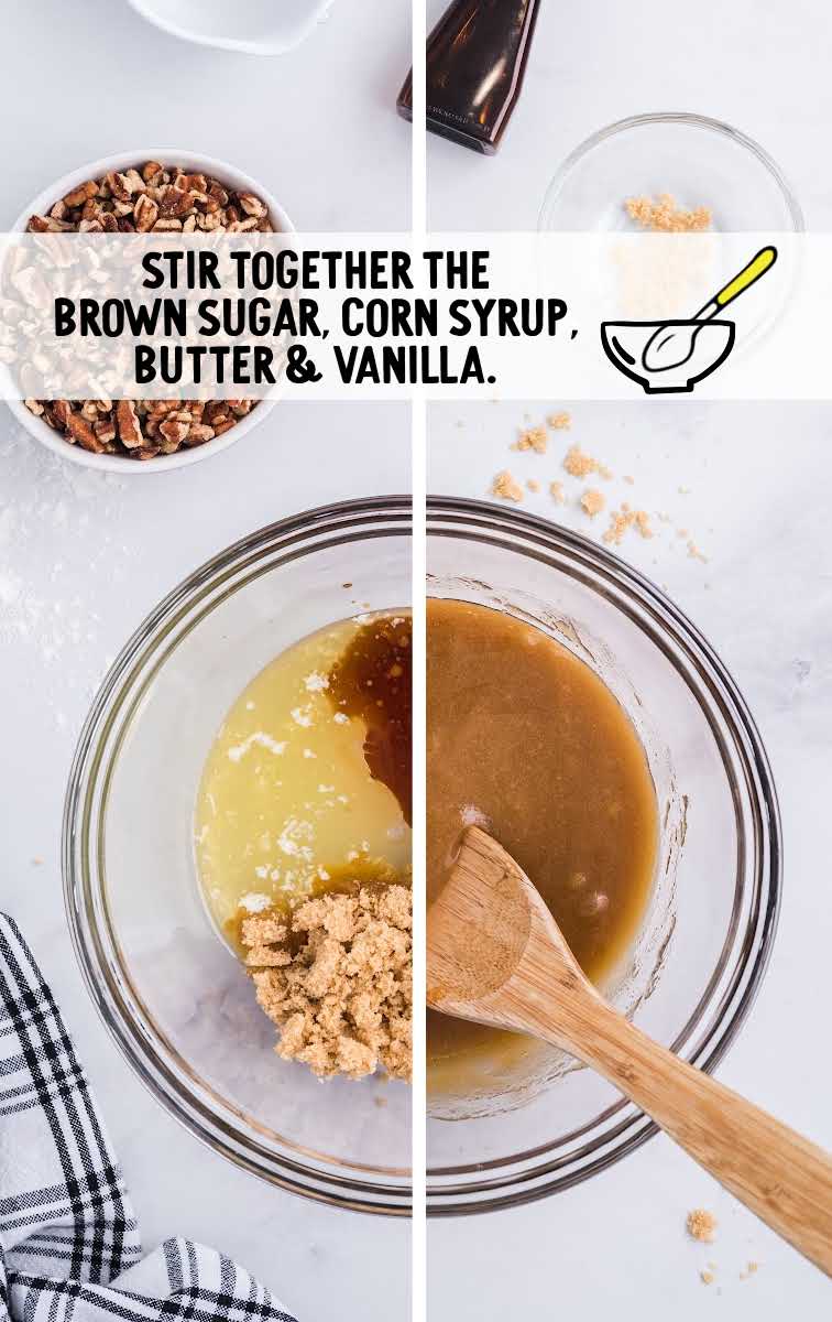 brown sugar, corn syrup, butter, and vanilla stirred together in a bowl