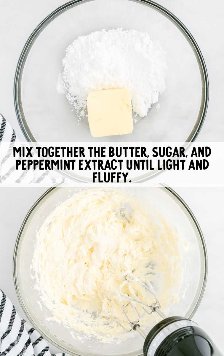 butter, sugar, and peppermint extract combined in a bowl