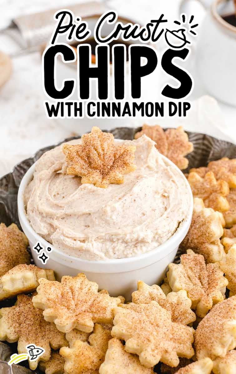 close up shot of pie crust chips on a plate with a bowl of cinnamon dip