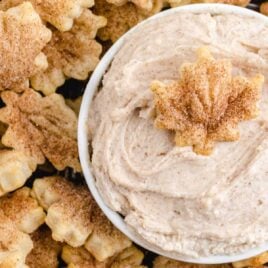 close up overhead shot of pie crust chips on a plate with a bowl of cinnamon dip