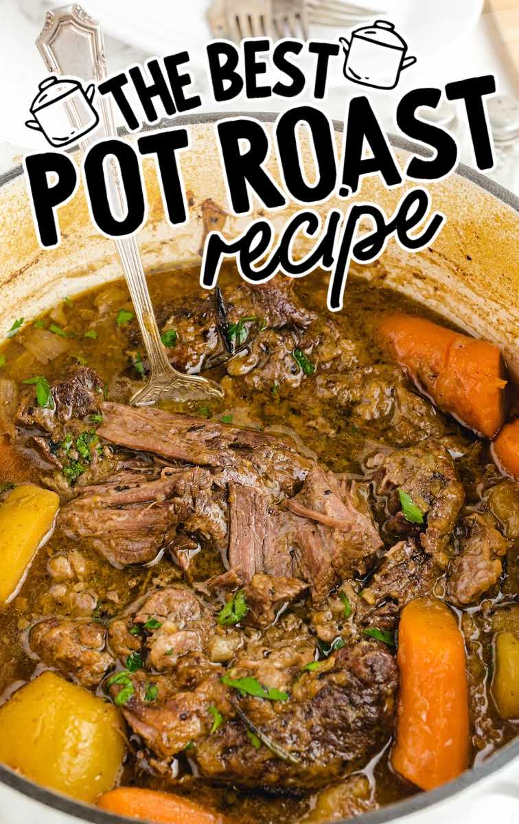 close up shot of a pot of Pot Roast garnished with parsley