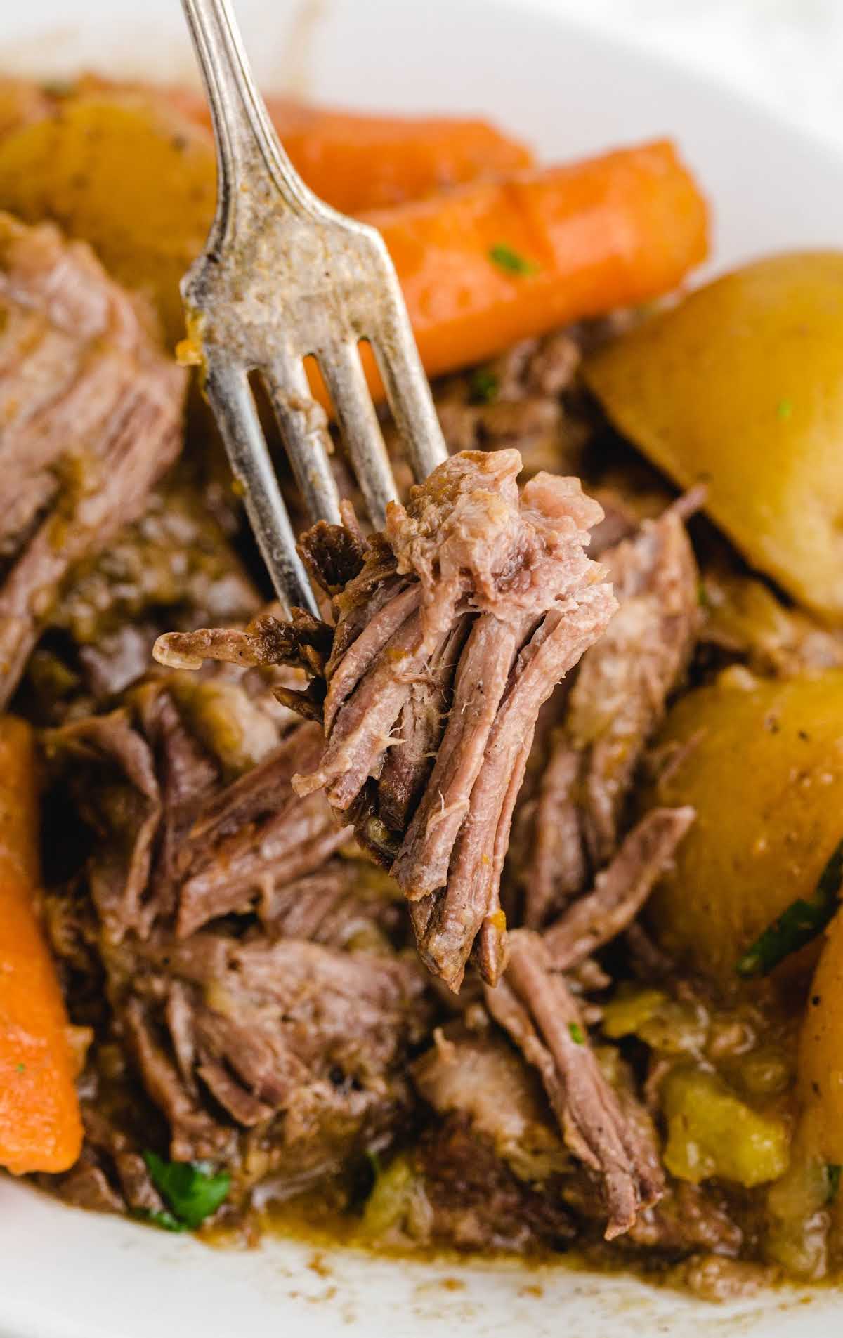 close up shot of a plate of Pot Roast with a fork