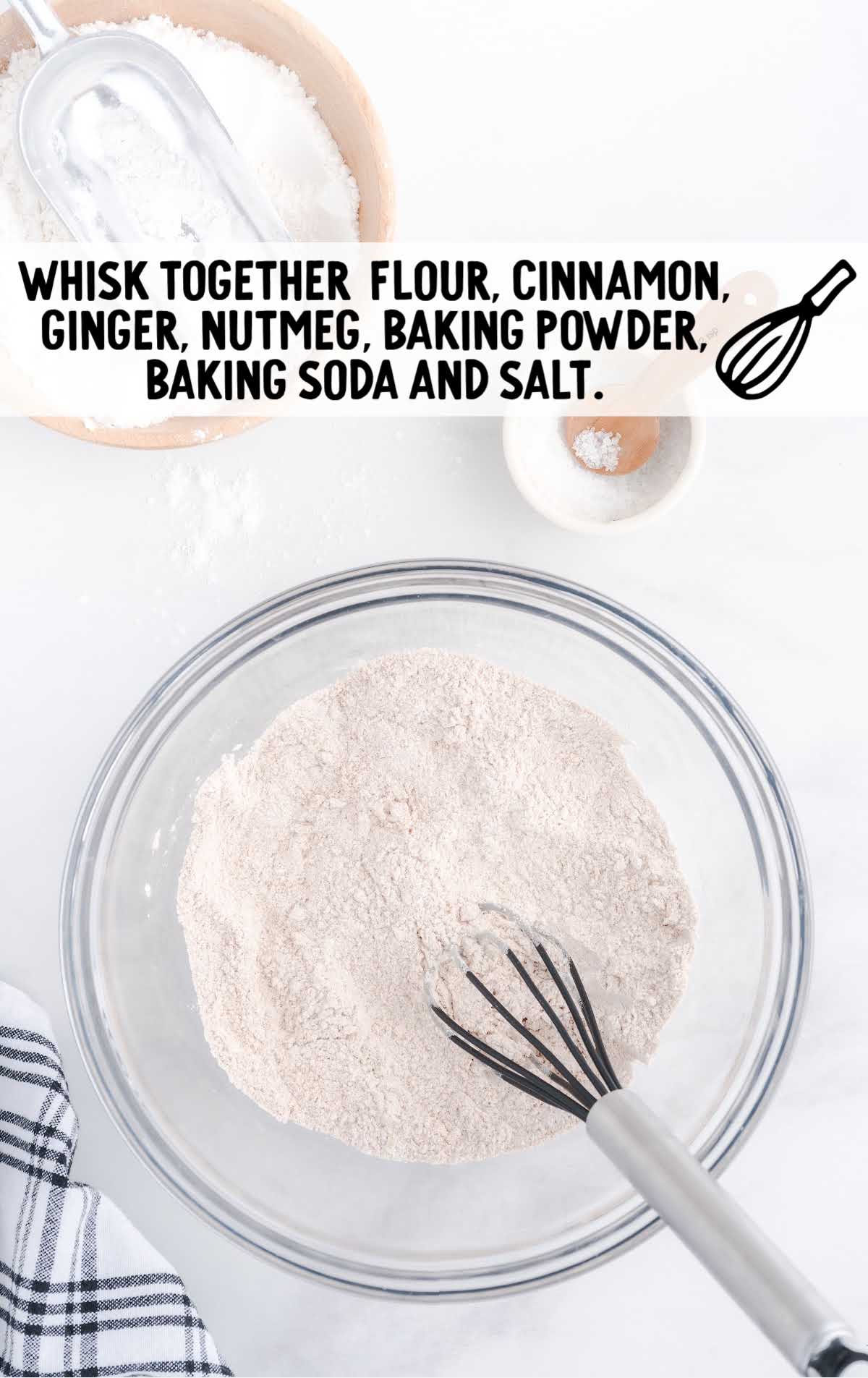 flour, cinnamon, ginger, nutmeg, baking powder, baking soda, and salt whisked together in a bowl