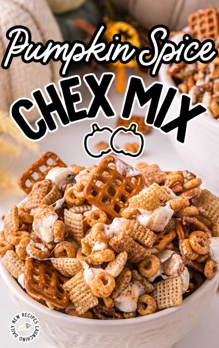 close up shot of a bowl of Pumpkin Spice Chex Mix
