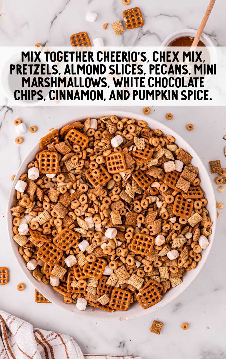 Pumpkin Spice Chex Mix process shot of ingredients in a bowl