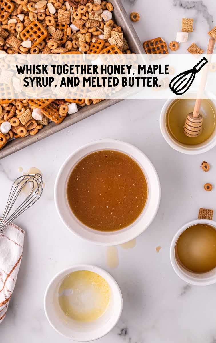 Pumpkin Spice Chex Mix process shot of ingredients whisked together in a bowl