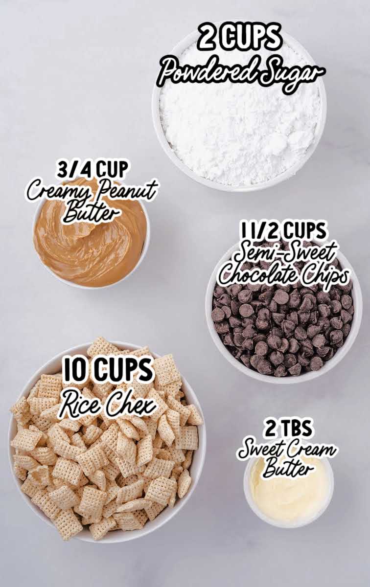 Puppy Chow recipe raw ingredients that are labeled