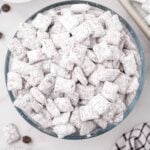 close up overhead shot of a bowl of Puppy Chow recipe