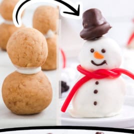 Three images show the process of making Snowmen Truffles: peanut butter balls stacked, then decorated with white coating, candy hat, scarf, and face, arranged together on a tray. Text reads Kid-Friendly Easy Snowmen Truffles Recipe.