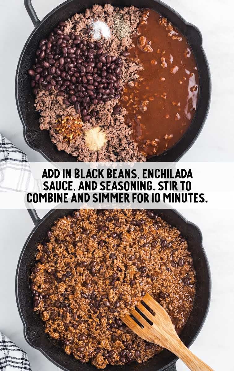 black beans, enchilada sauce, and seasonings added to the ground beef in a skillet