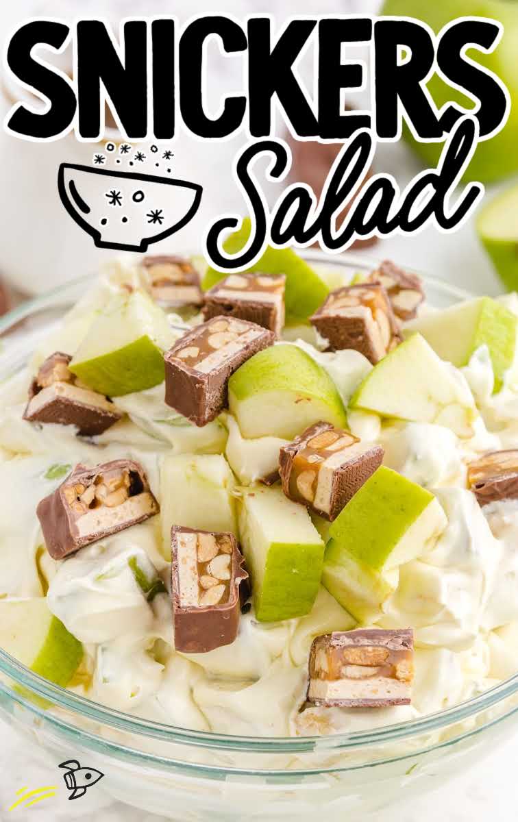 close up shot of a bowl of Snickers Salad