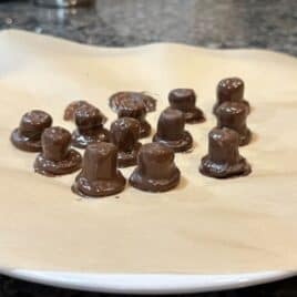 Eleven small, chocolate-covered treats reminiscent of Snowmen Truffles rest on a piece of parchment paper atop a white plate, on a speckled gray countertop.