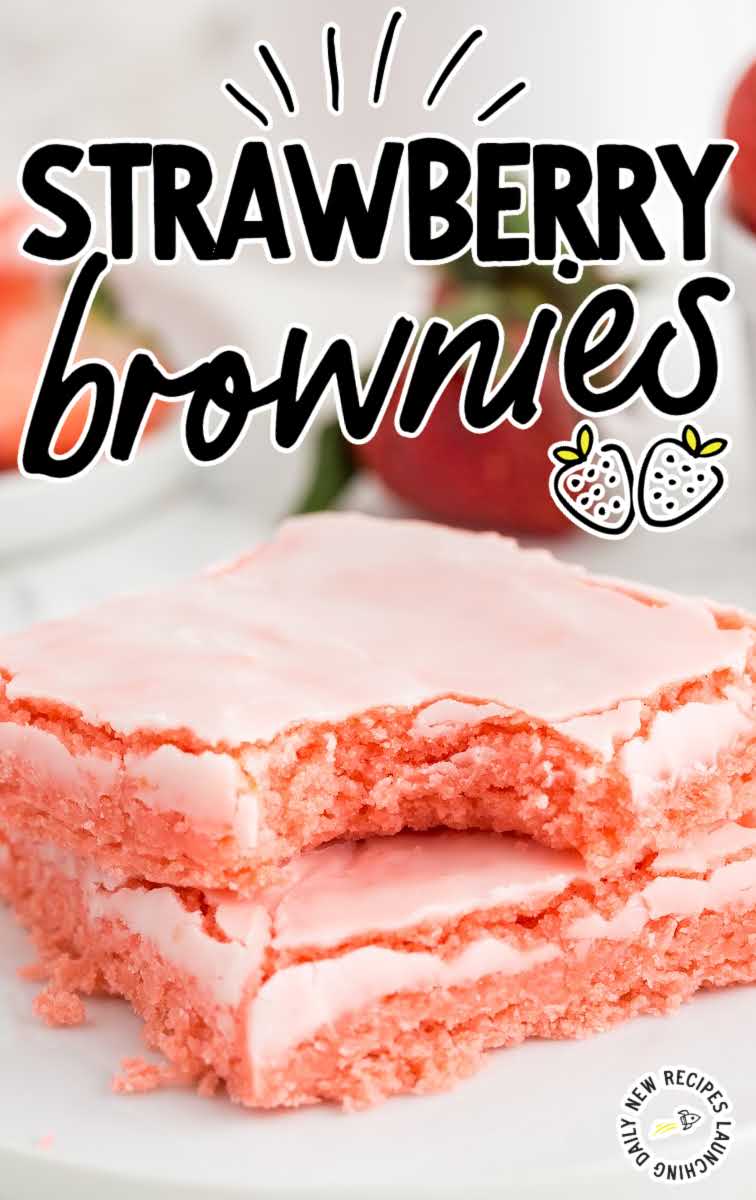 close up shot of strawberry brownies stacked on top of each other on a plate