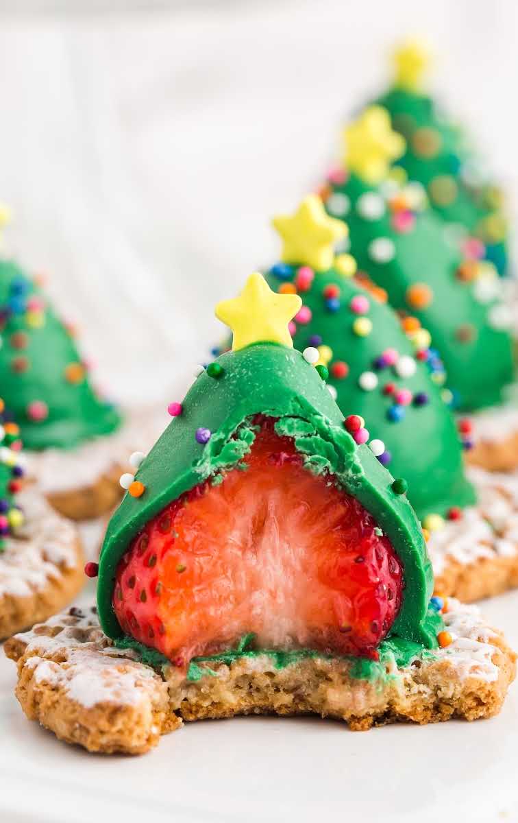 close up shot of Strawberry Christmas Trees with a bite taken out of the tree