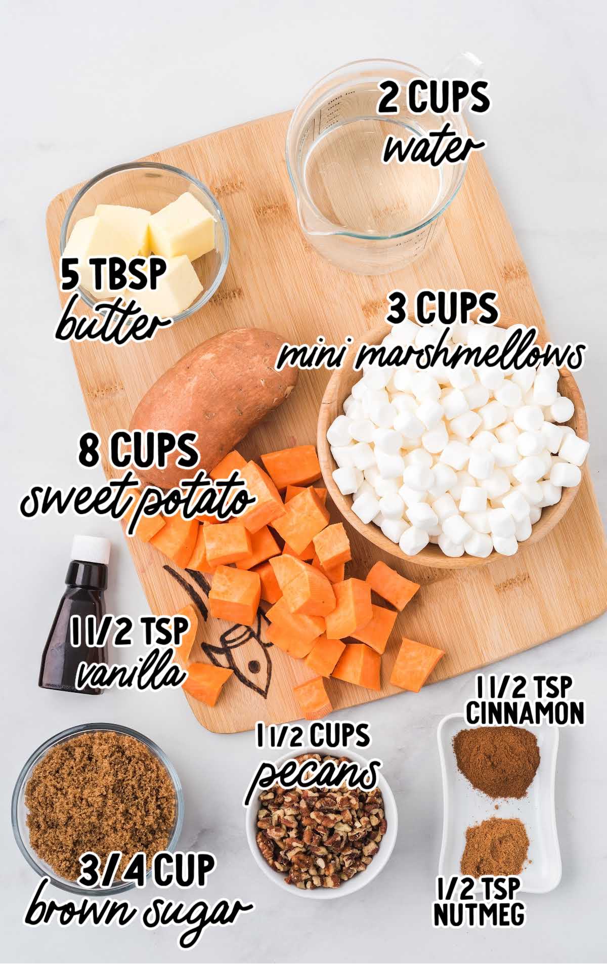Sweet Potato Casserole raw ingredients shot that is labeled